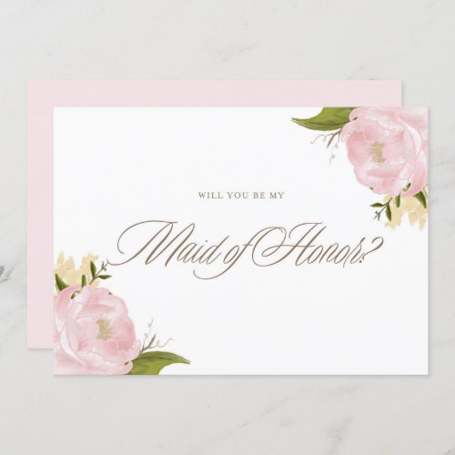 Watercolor Pink Peonies Be My Maid of Honor Card