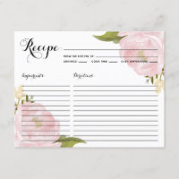 Watercolor Pink Peonies Bridal Shower Recipe Card