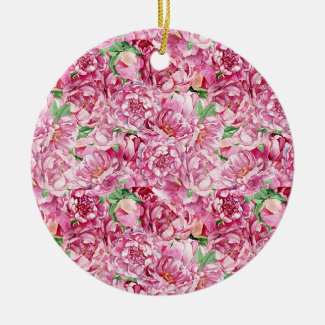 Watercolor Pink Peonies Ceramic Ornament (Front)