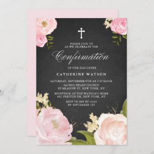 Watercolor Pink Peonies Chalkboard Confirmation Invitation