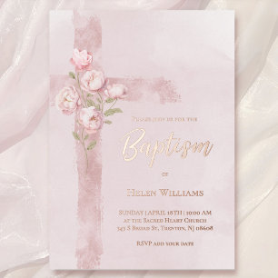 watercolor pink peonies cross Baptism Foil Invitation