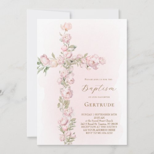 watercolor pink peonies cross Baptism Invitation