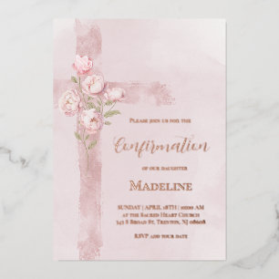 watercolor pink peonies cross Confirmation Foil Invitation