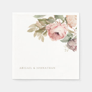 Watercolor Pink Peonies Custom Gold Text Wedding Napkins