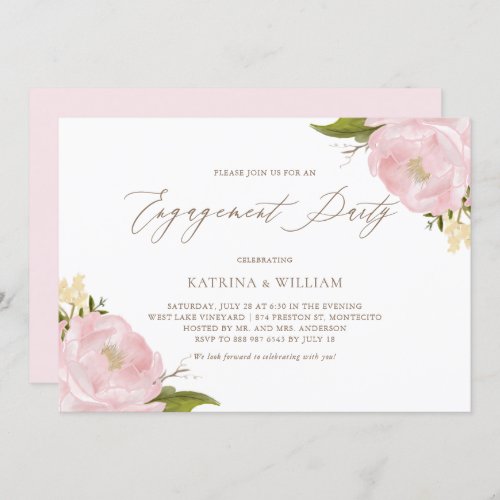 Watercolor Pink Peonies Engagement Party Invitation