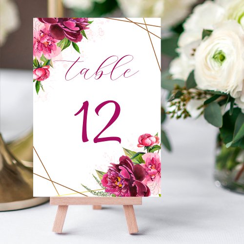 Watercolor Pink Peonies Faux Gold Foil Rustic Table Number