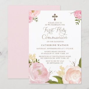 Watercolor Pink Peonies First Holy Communion II Invitation