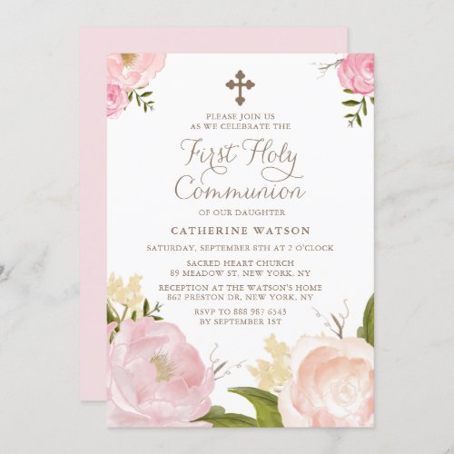 Watercolor Pink Peonies First Holy Communion II Invitation