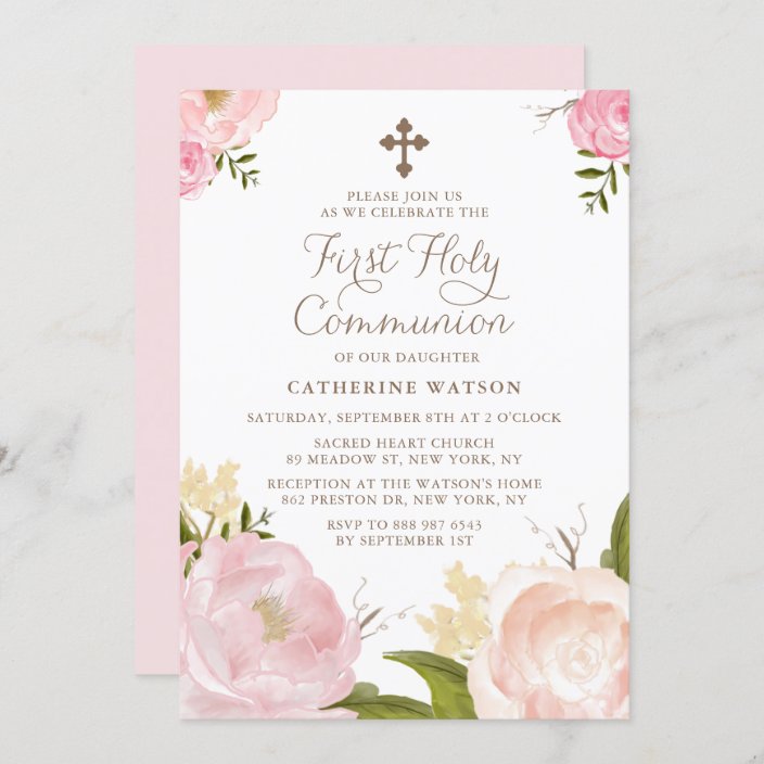 Watercolor Pink Peonies First Holy Communion II Invitation | Zazzle.com