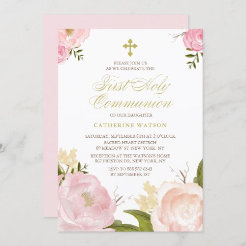 Watercolor Pink Peonies First Holy Communion II Invitation