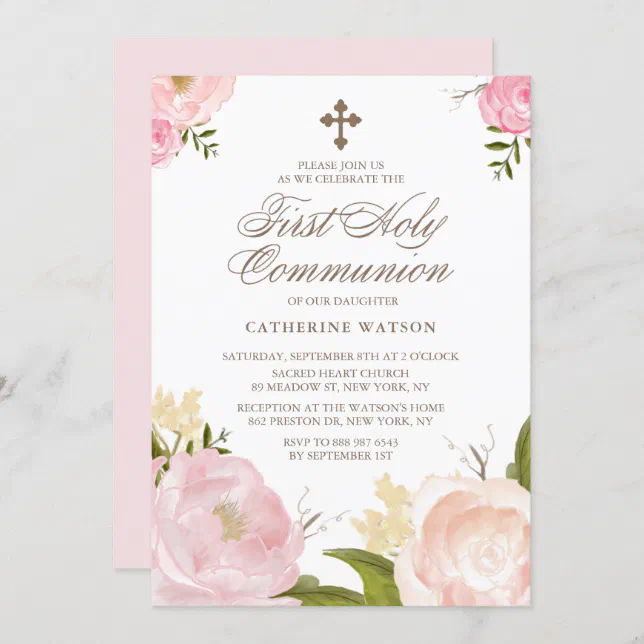 Watercolor Pink Peonies First Holy Communion Invitation | Zazzle