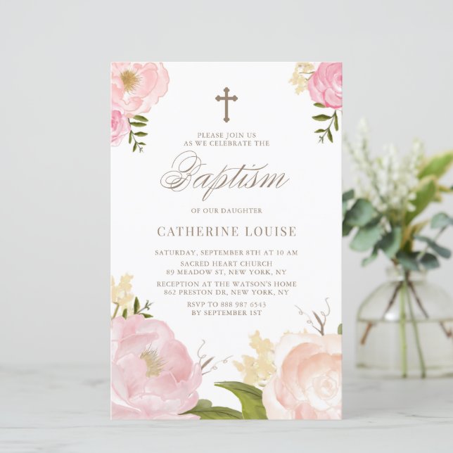 Watercolor Pink Peonies Floral Baptism Invitation (Standing Front)