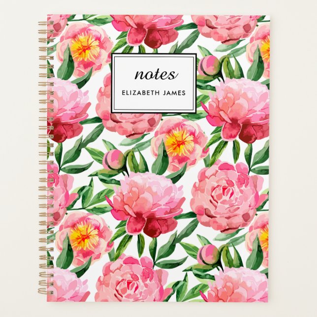 Watercolor Pink Peonies Floral Pattern chic Custom Planner (Front)