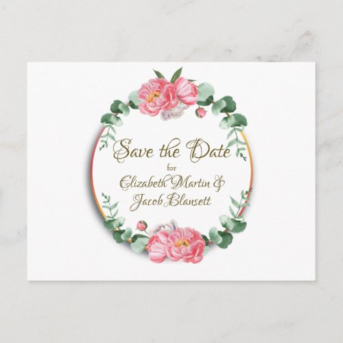 Watercolor Pink  Peonies Floral Save the Date Postcard