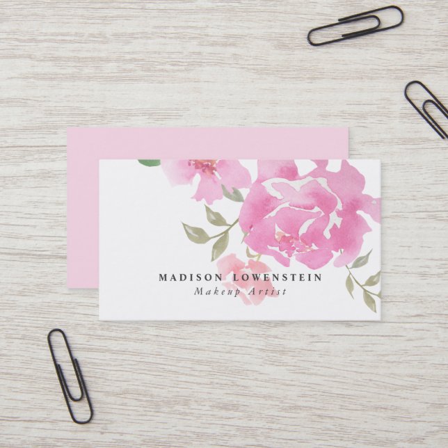 Watercolor Pink Peonies  Flowers Business Card (Front/Back In Situ)
