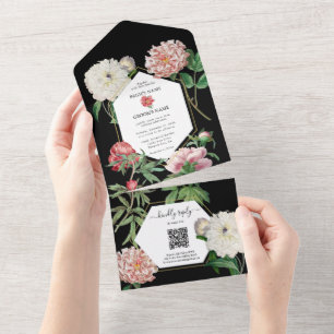 Watercolor Pink Peonies Flowers Wedding Black All In One Invitation