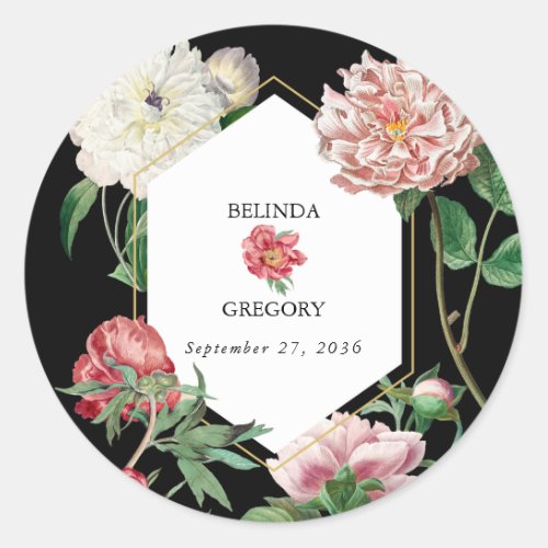 Watercolor Pink Peonies Flowers Wedding Black Classic Round Sticker