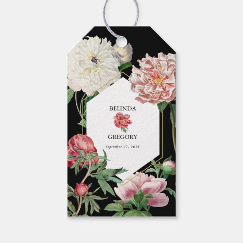 Watercolor Pink Peonies Flowers Wedding Black Gift Tags