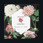 Watercolor Pink Peonies Flowers Wedding Black Magnet<br><div class="desc">A beautiful watercolor pink and white peonies flower wedding design with gold geometric frame on a black background. A unique design that uses vintage botanical peony florals in pink and white color tones. An elegant pink and white peonies floral design with a dash of greenery. A chic gold geometric frame...</div>