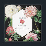 Watercolor Pink Peonies Flowers Wedding Black Magnet<br><div class="desc">A beautiful watercolor pink and white peonies flower wedding design with gold geometric frame on a black background. A unique design that uses vintage botanical peony florals in pink and white color tones. An elegant pink and white peonies floral design with a dash of greenery. A chic gold geometric frame...</div>
