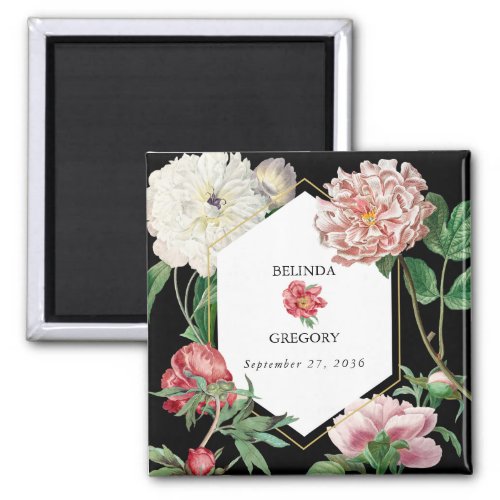 Watercolor Pink Peonies Flowers Wedding Black Magnet