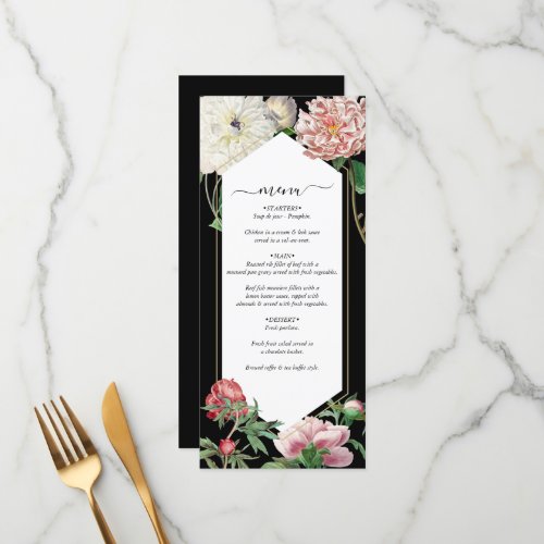 Watercolor Pink Peonies Flowers Wedding Black Menu