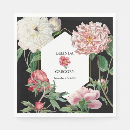 Watercolor Pink Peonies Flowers Wedding Black Napkins