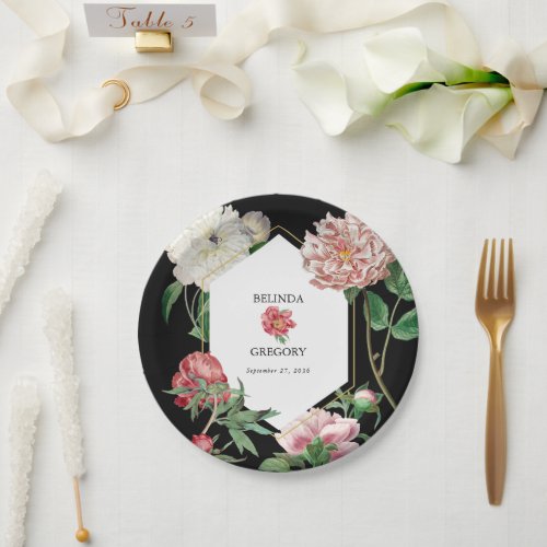 Watercolor Pink Peonies Flowers Wedding Black Paper Plates