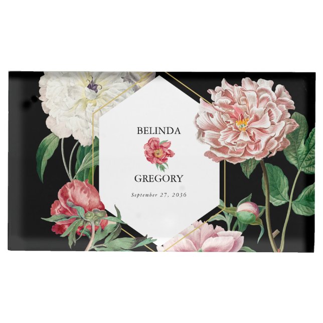 Watercolor Pink Peonies Flowers Wedding Black Place Card Holder (Front)