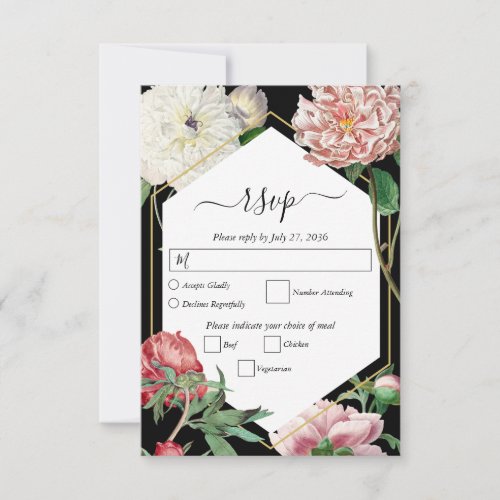 Watercolor Pink Peonies Flowers Wedding Black RSVP Card