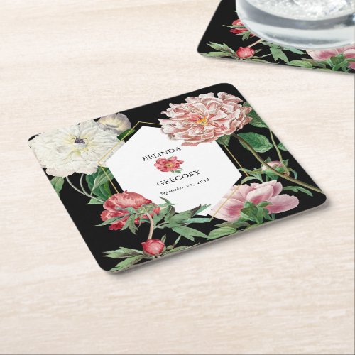 Watercolor Pink Peonies Flowers Wedding Black Square Paper Coaster