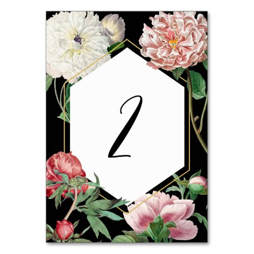 Watercolor Pink Peonies Flowers Wedding Black Table Number