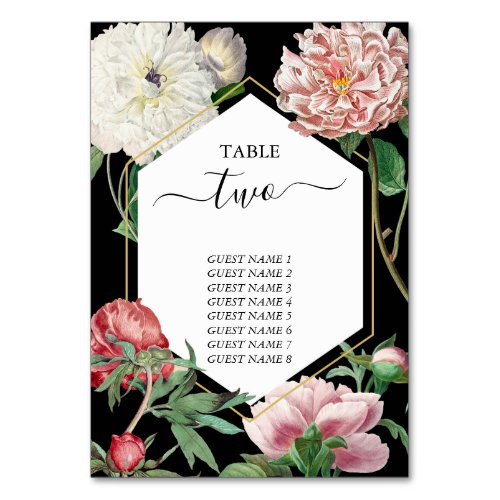 Watercolor Pink Peonies Flowers Wedding Black Table Number