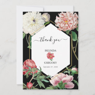 Watercolor Pink Peonies Flowers Wedding Black Thank You Card