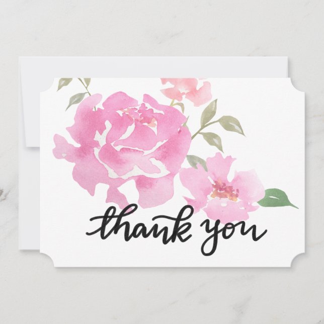 Watercolor Pink Peonies Flowers Wedding Thank You (Front)
