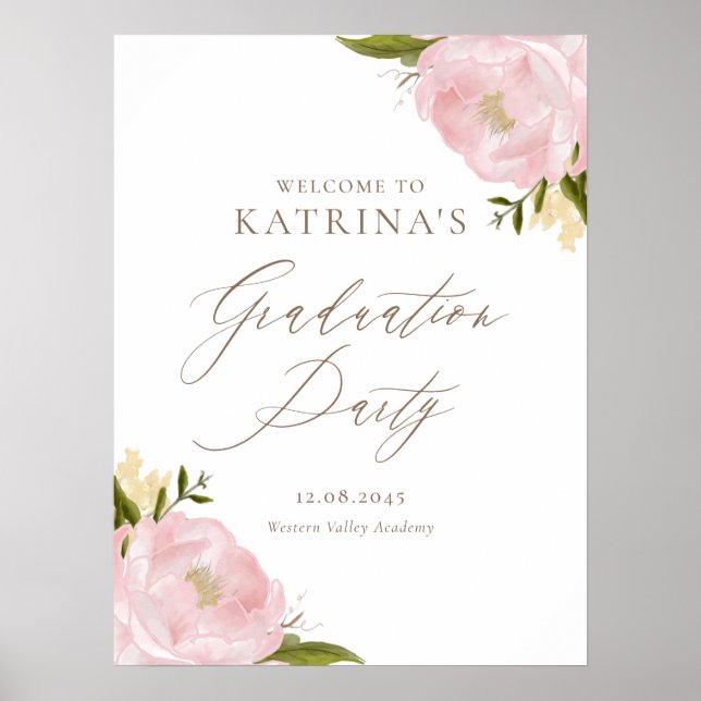Watercolor Pink Peonies Graduation Welcome Sign (Front)