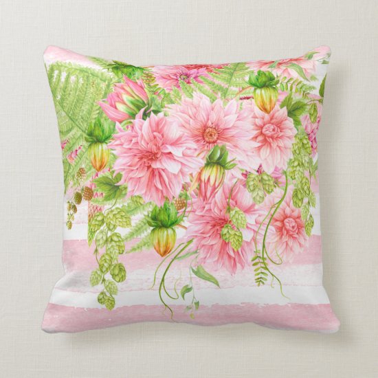 Watercolor Pink Peonies Greenery Pink Stripes Throw Pillow
