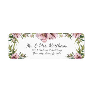 Watercolor pink peonies & greenery return address label