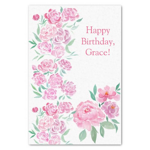 Watercolor Pink Peonies Happy Birthday Personalize Tissue Paper