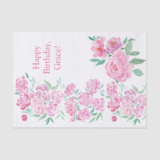 Watercolor Pink Peonies Happy Birthday Personalize Tissue Paper (Front)