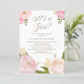 Watercolor Pink Peonies It's a Girl Baby Shower Invitation (Standing Front)