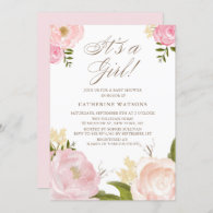 Watercolor Pink Peonies It's a Girl Baby Shower Invitation