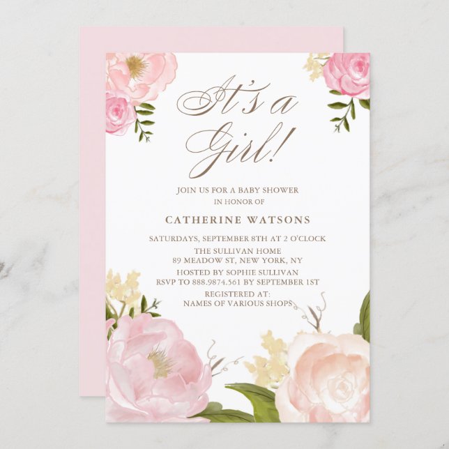Watercolor Pink Peonies It's a Girl Baby Shower Invitation (Front/Back)