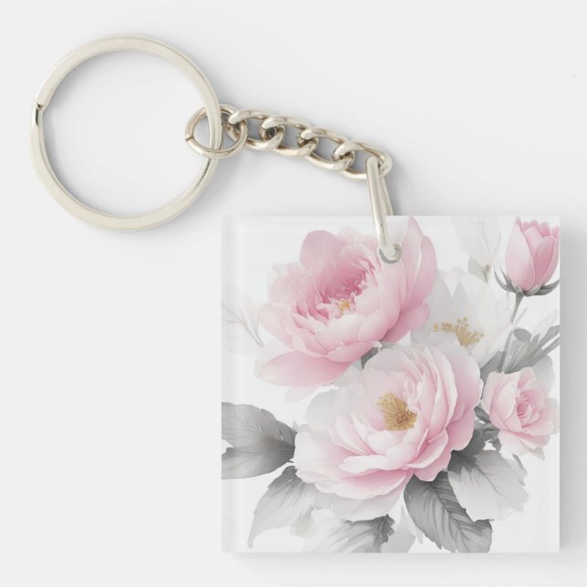 Watercolor Pink Peonies Keychain (Front)