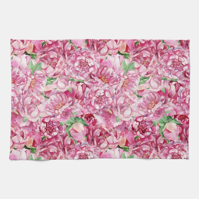 Watercolor Pink Peonies Kitchen Towel (Horizontal)