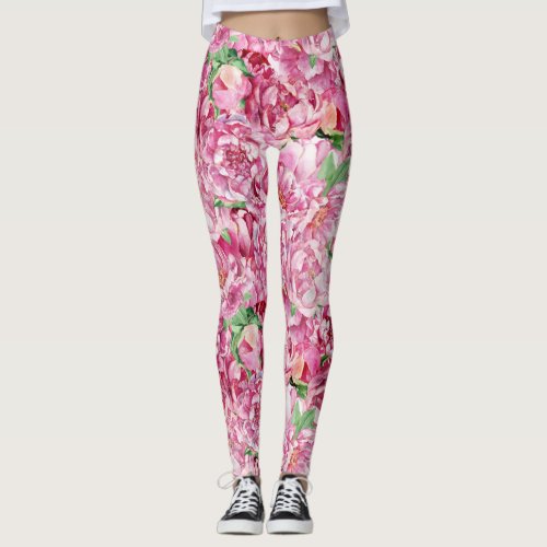 Watercolor Pink Peonies Leggings