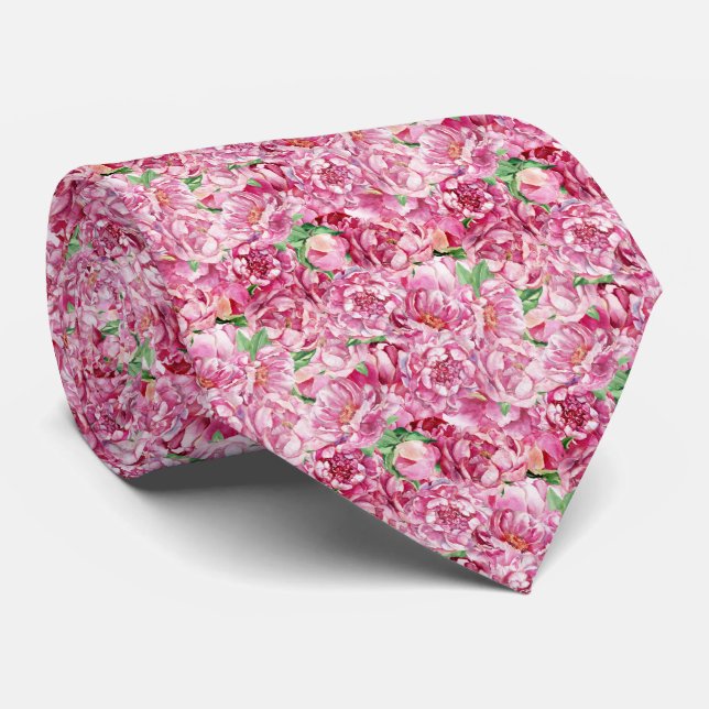 Watercolor Pink Peonies Neck Tie (Rolled)