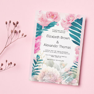 Watercolor pink peonies palm tree tropical wedding invitation