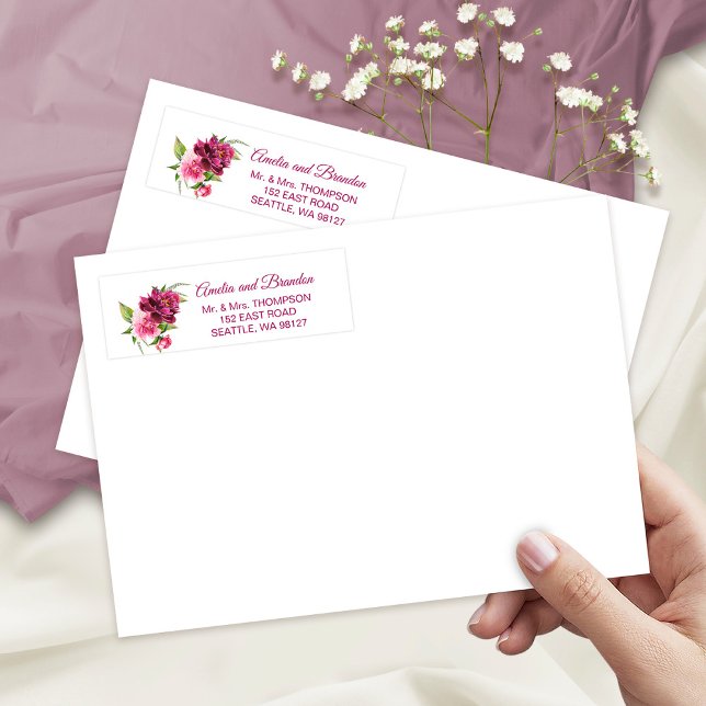 Watercolor Pink Peonies Rustic Wedding Address  Label (Creator Uploaded)
