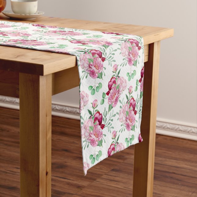 watercolor pink peonies short table runner (In Situ)